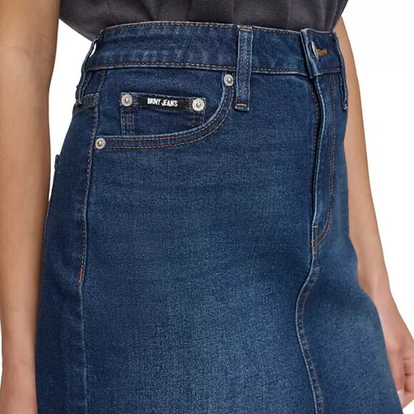 DKNY Jean Skirt Dark Wash Mid Length Denim Skirt Comfort Stretch Sz 10 NWT - Picture 3 of 8
